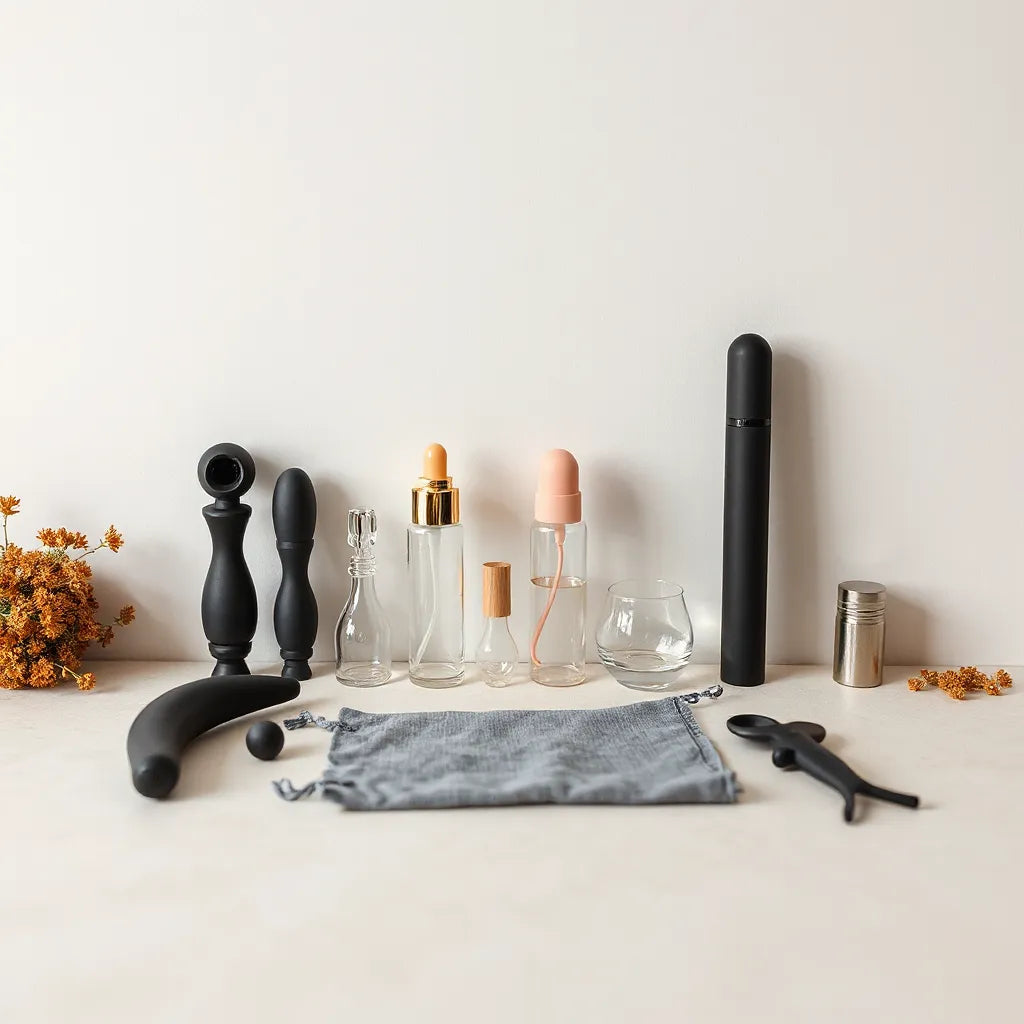 Assorted high-quality sex toys on a neutral tabletop with soft lighting and minimal accessories