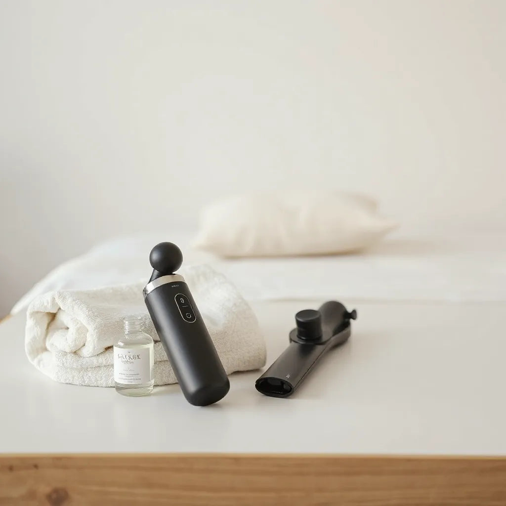 Discreet male personal massager on a bedside table with lubricant and a towel