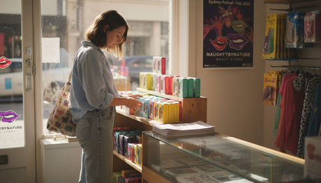 Woman browsing adult toy boutique shelf