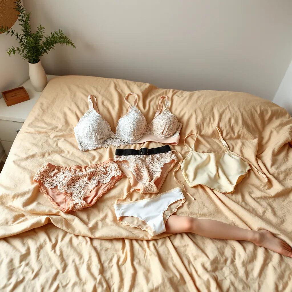 Assorted lace and satin lingerie sets arranged on a neutral fabric with warm, flattering lighting