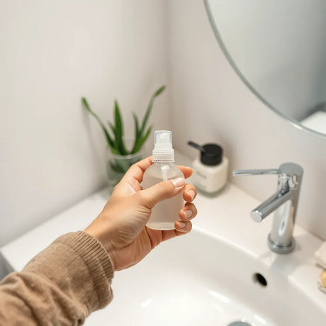 Hand holding a small spray bottle with faint mist near a clean sink for careful, hygienic application