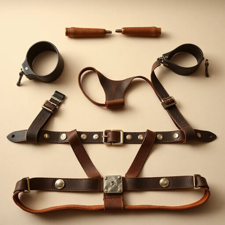 Assorted high-quality bondage restraints and cuffs with adjustable straps and metal hardware on a neutral backdrop