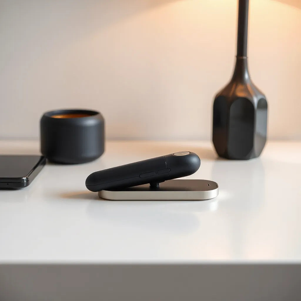 Modern vibrating sex machine device and discreet base on a neutral tabletop in soft warm light