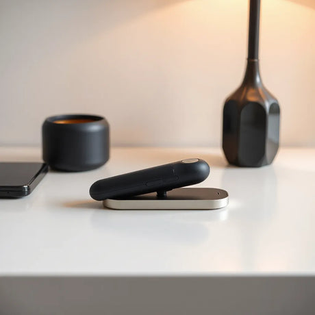 Modern vibrating sex machine device and discreet base on a neutral tabletop in soft warm light