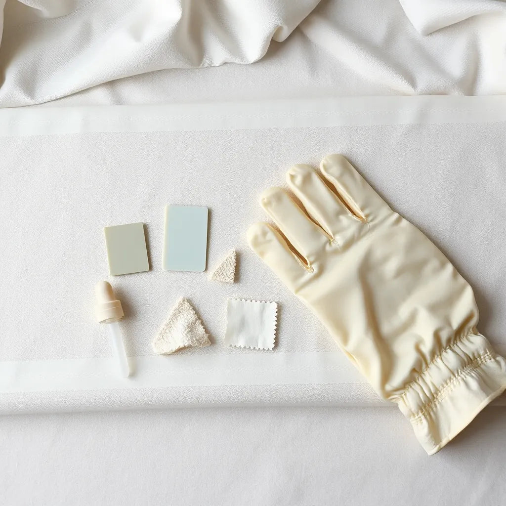 Silicone, TPE and fabric-like material swatches with gloves on a neutral background