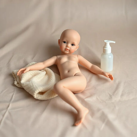 Silicone sex doll resting on a neutral surface with a microfiber cloth and care items nearby