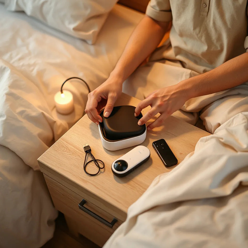Discreet innovative adult products on a nightstand beside a couple’s hands, in warm modern bedroom lighting