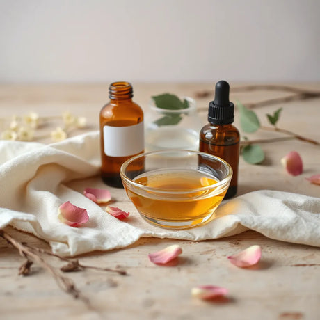 Amber essential oil bottles and carrier oil with rose petals on a minimal wooden surface