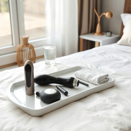 Neatly arranged adult toys on a bedside tray with soft natural light