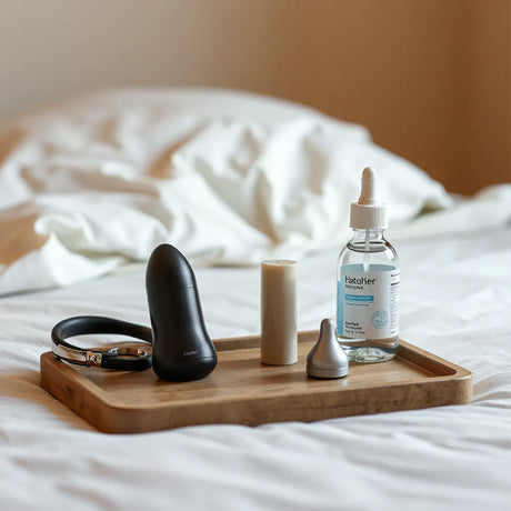 Sleek adult pleasure toy and water-based lubricant on a bedside table with warm, soft lighting.
