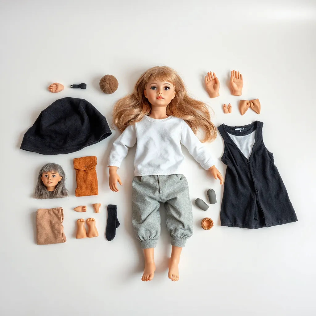 Customizable adult doll with interchangeable head, hair, and outfit components on a clean table
