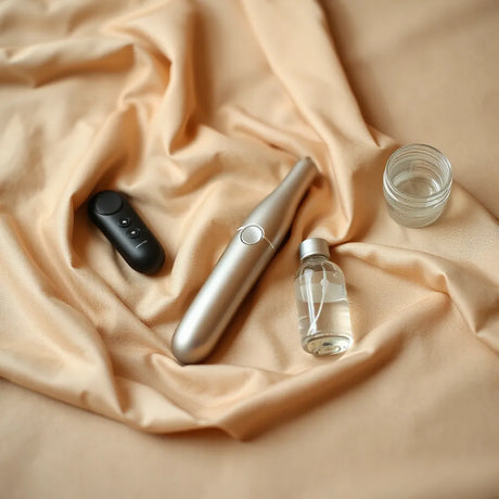 Sleek premium adult pleasure products and lube arranged neatly on soft fabric