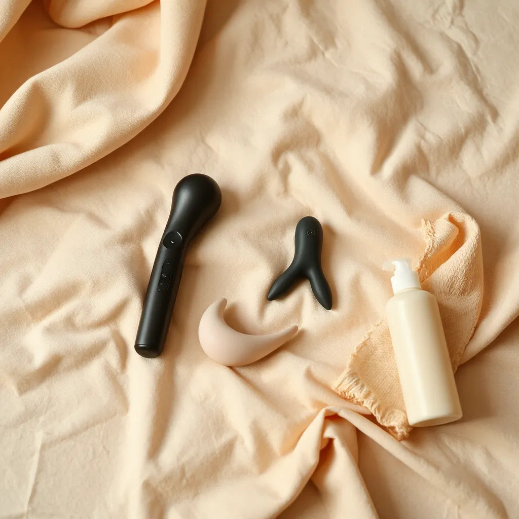 Set of female-friendly sex toys with lubricant on a neutral surface for comfortable, discreet pleasure