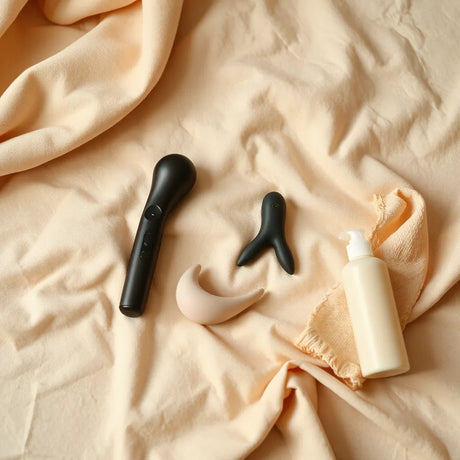 Set of female-friendly sex toys with lubricant on a neutral surface for comfortable, discreet pleasure