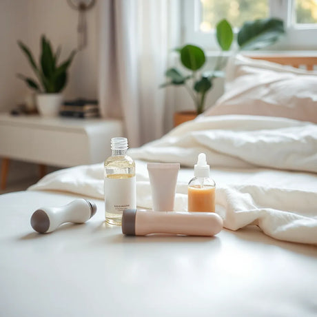 Discreet sexual wellness items arranged on a bedside table with warm natural lighting