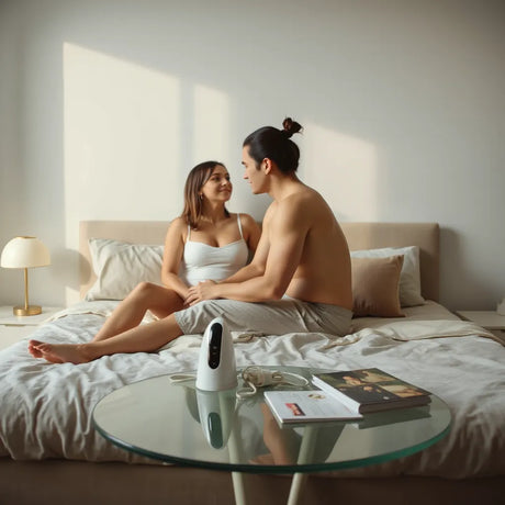 Couple in a bedroom with a sleek sex machine on a bedside table, ready for comfortable setup