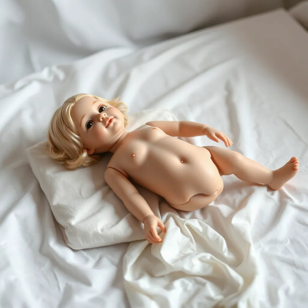 Life-like silicone adult sex doll resting on a bed with soft lighting and a clean, neutral setting
