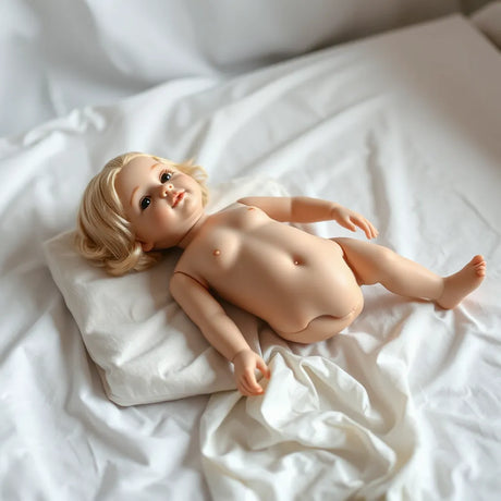 Life-like silicone adult sex doll resting on a bed with soft lighting and a clean, neutral setting