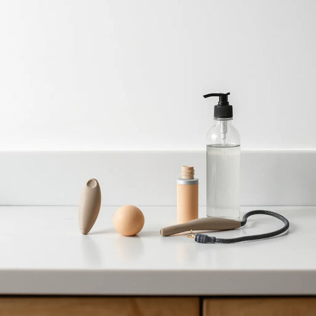 Discreet adult pleasure devices and water-based lube arranged on a clean countertop