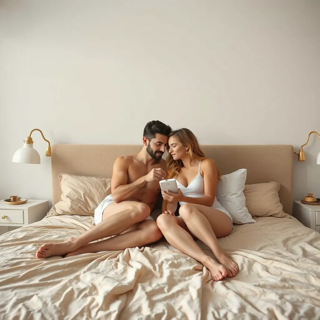 Couple cuddling on a bed while one partner holds a discreet adult intimacy toy.