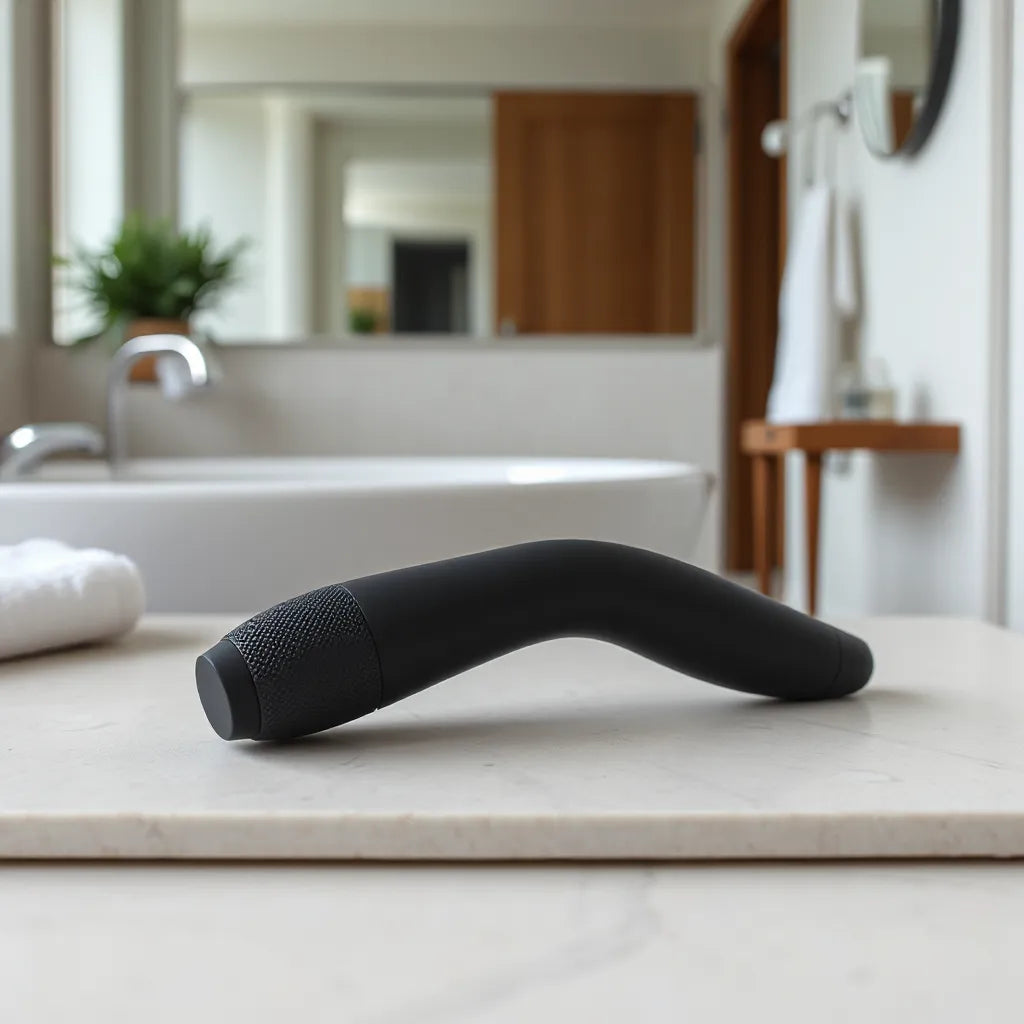 Sleek vibrating masturbator resting on a clean neutral surface with soft, natural studio lighting