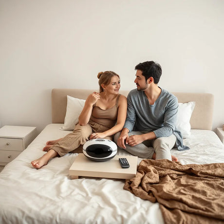 Couple sitting on a bed with a couple-friendly massager and remote on a nightstand