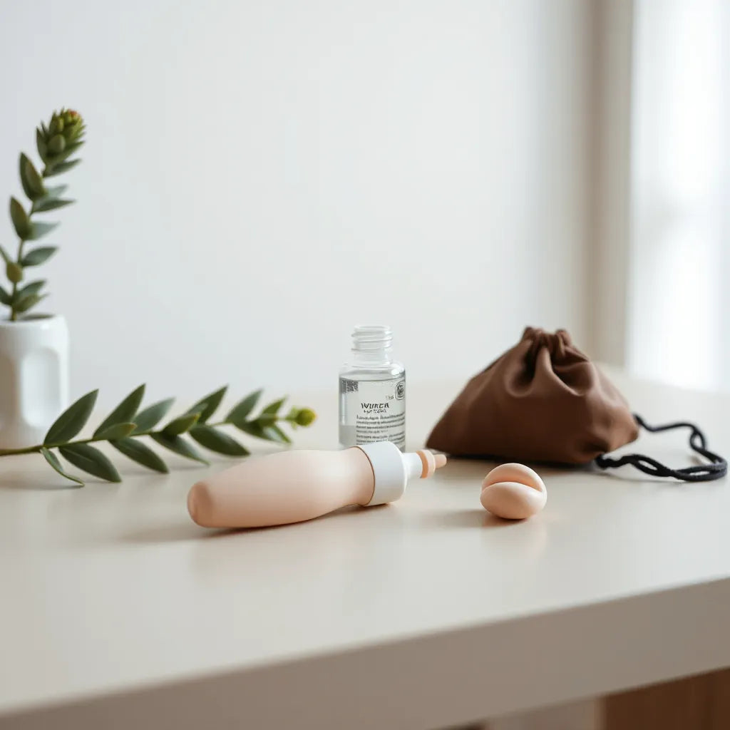 Assorted women’s erotic toys and water-based lubricant neatly arranged on a neutral tabletop