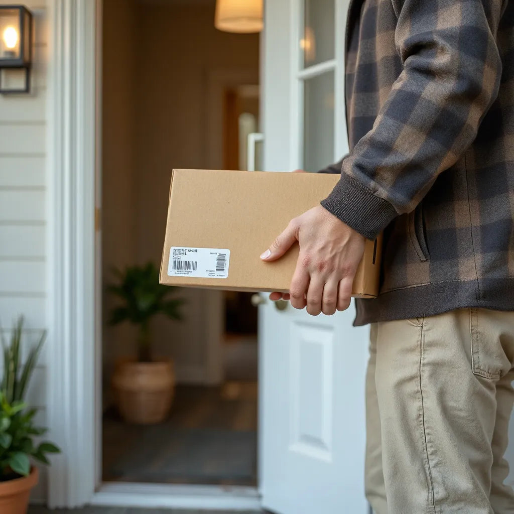 Courier hands a plain unmarked package to a resident at a home doorway