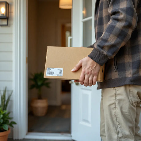 Courier hands a plain unmarked package to a resident at a home doorway