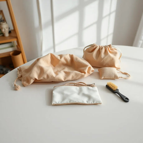Protective cover, storage bag, cleaning brush, and accessory pouch arranged neatly on a tabletop