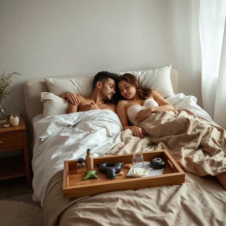 Couple relaxing on a bed with discreet adult pleasure toys on a nightstand