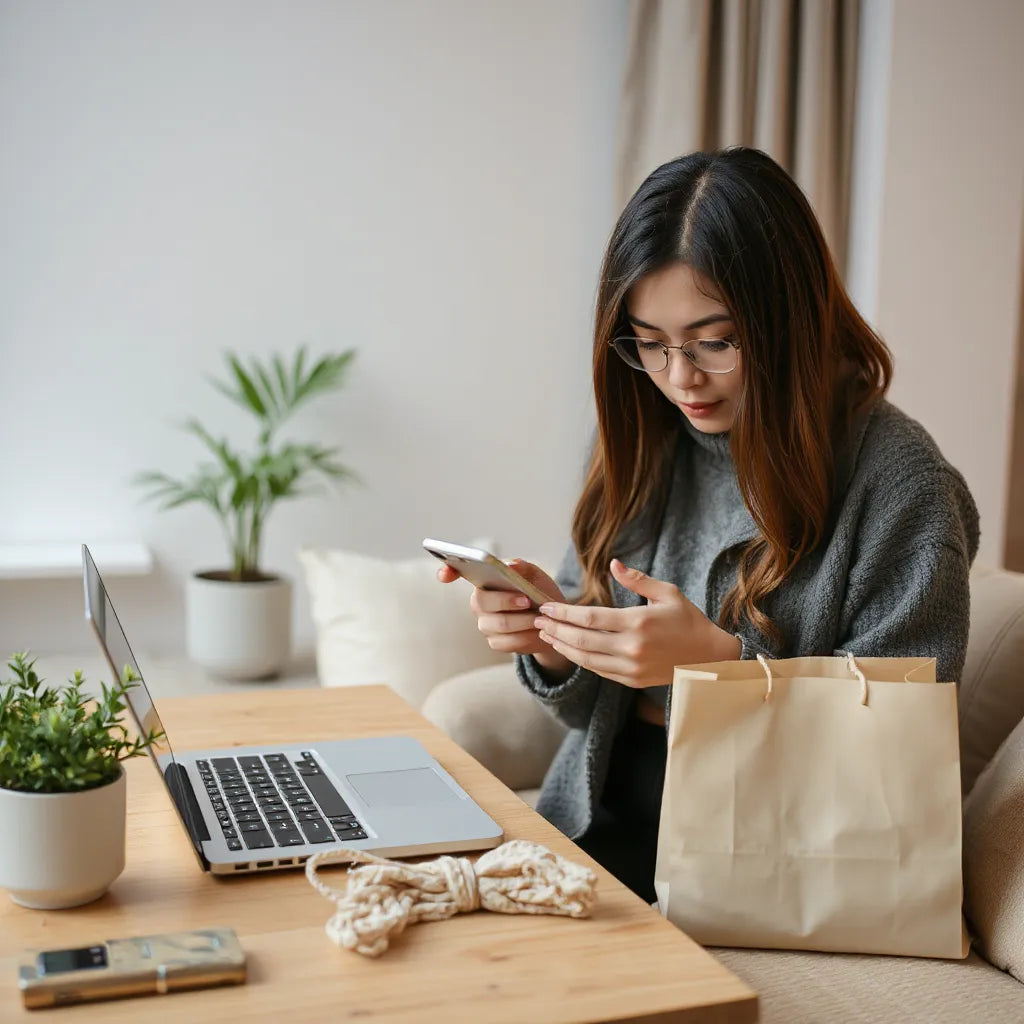 Person browsing on a smartphone at home with a plain parcel nearby for private adult shopping
