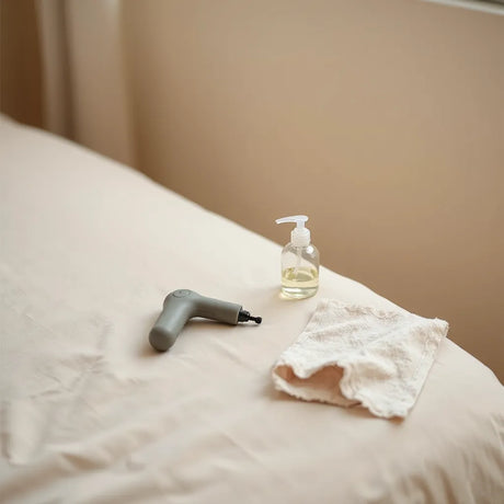Discreet hand-held masturbation devices on a bedside table with lubricant and a cleaning cloth.