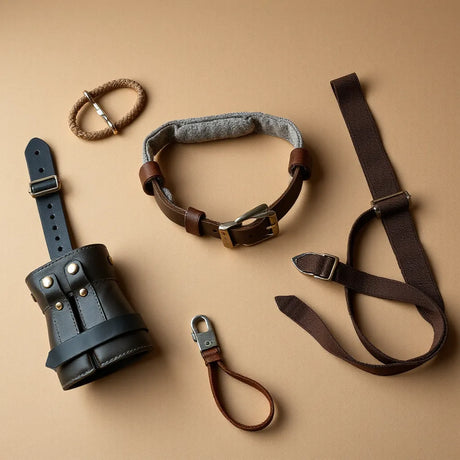 Premium bondage gear with adjustable leather cuffs and fabric straps arranged on a neutral background
