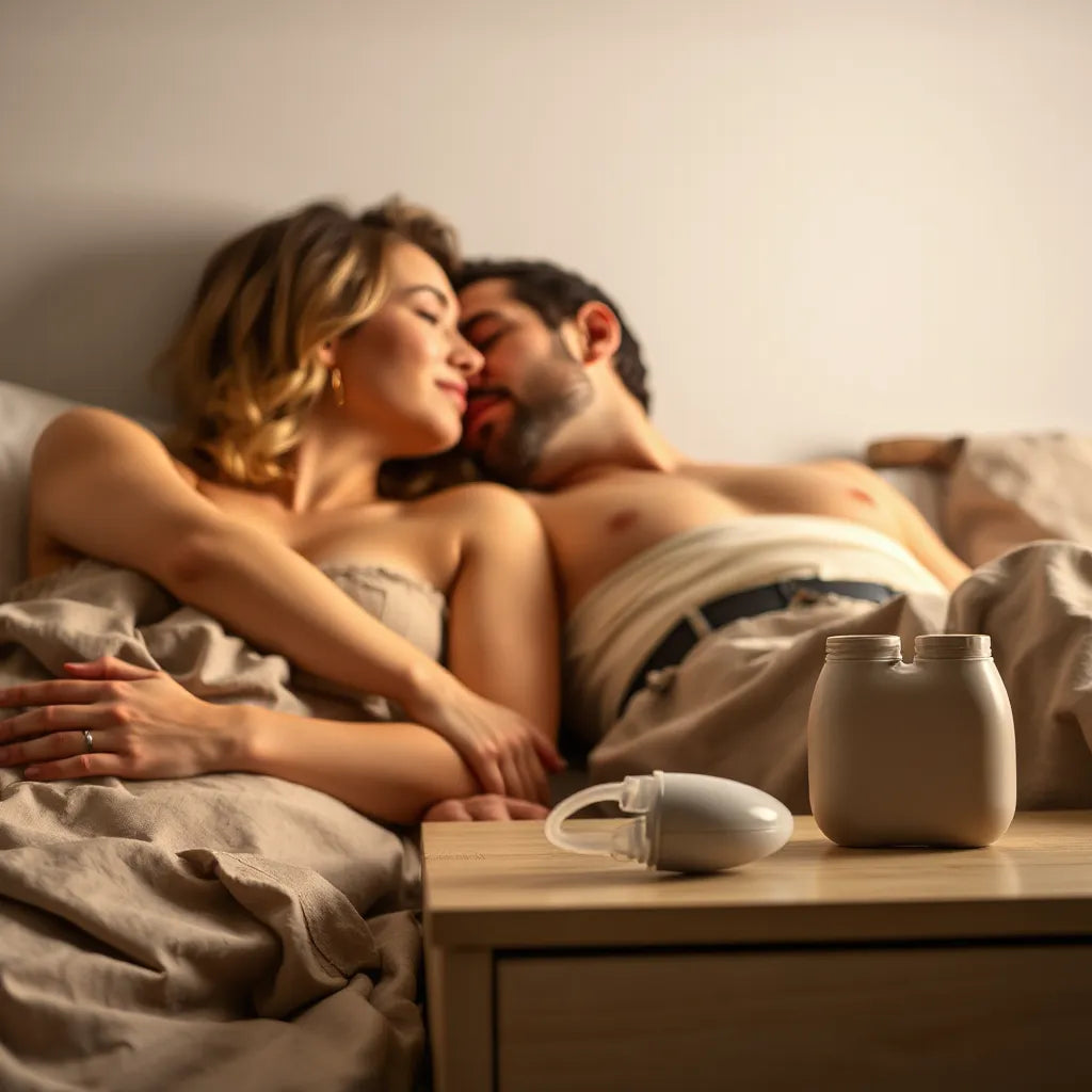 Silicone nipple suction pump accessory near a couple in soft, intimate lighting