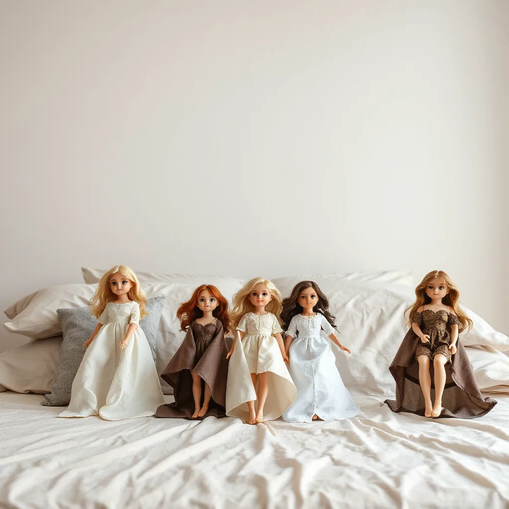 Neatly arranged sex dolls of different sizes displayed in a clean bedroom setting