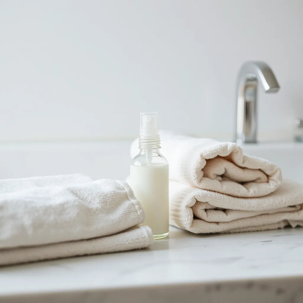 Small clear personal-care spray bottle on a bathroom counter with soft towel lighting