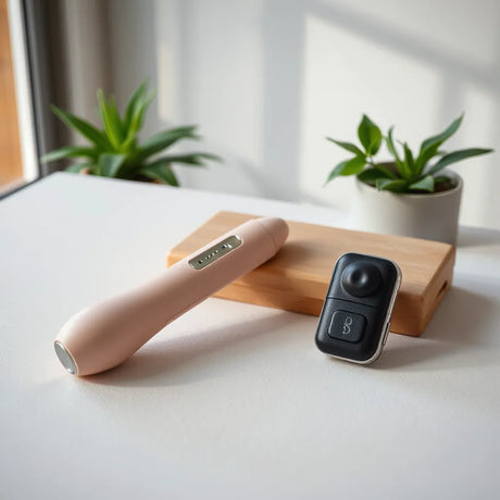 Ergonomic handheld and pocket vibrator devices on a neutral surface under soft natural light