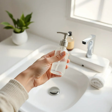 Hand holding a spray bottle releasing a fine mist over a clean bathroom counter
