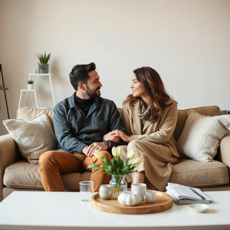 Couple sitting close with hands gently touching, conveying calm affection and deeper connection