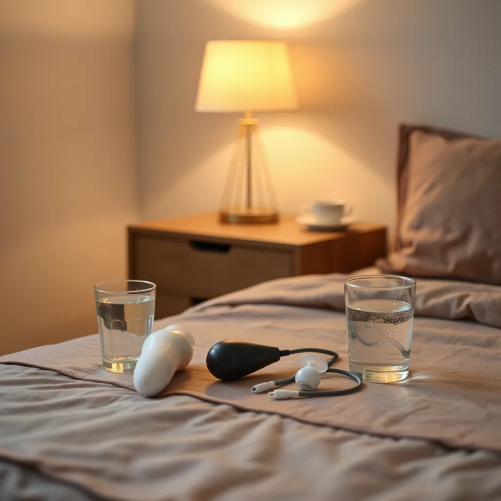 Beginner-friendly adult toys and lube on a bedside table under warm lamp light