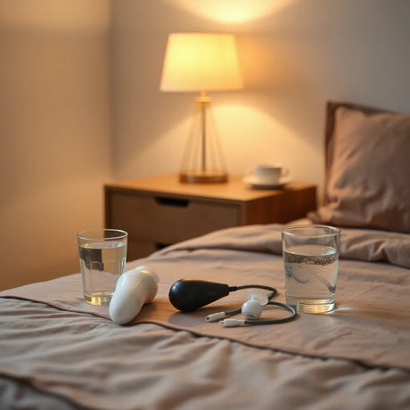 Beginner-friendly adult toys and lube on a bedside table under warm lamp light