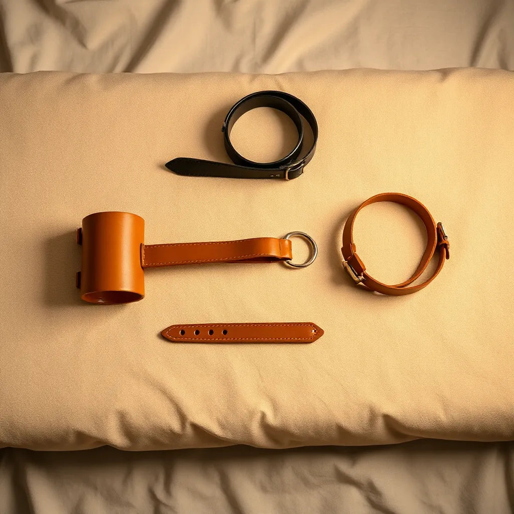 Neatly arranged bondage restraint accessories with adjustable cuffs and straps on a neutral surface
