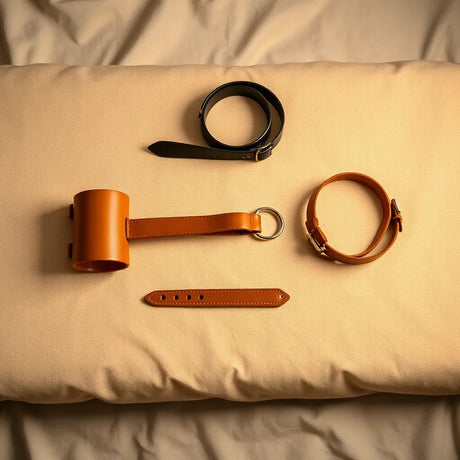 Neatly arranged bondage restraint accessories with adjustable cuffs and straps on a neutral surface