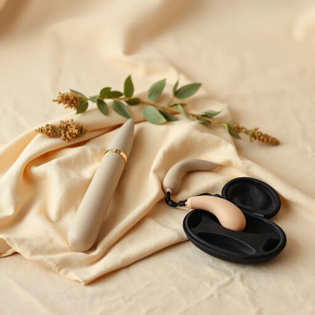 Sleek adult sex toys arranged neatly on a neutral fabric surface under soft lighting