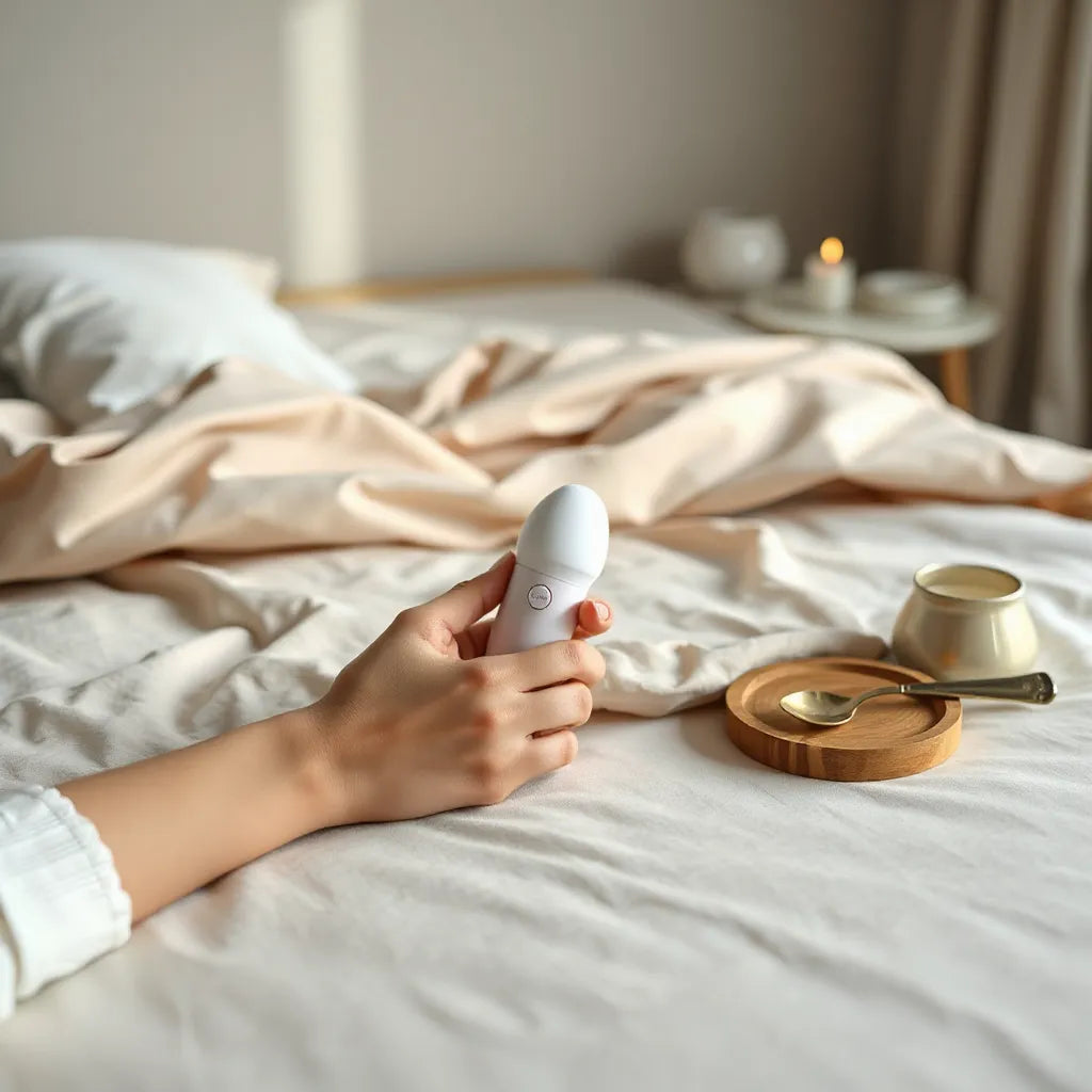 Woman’s hand resting near a sleek vibrator on a bedside table with soft bedroom lighting