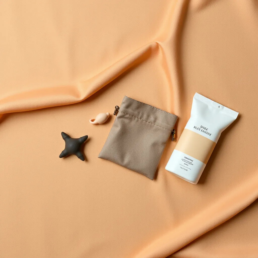 Discreet anal toy and water-based lubricant arranged on a soft neutral surface