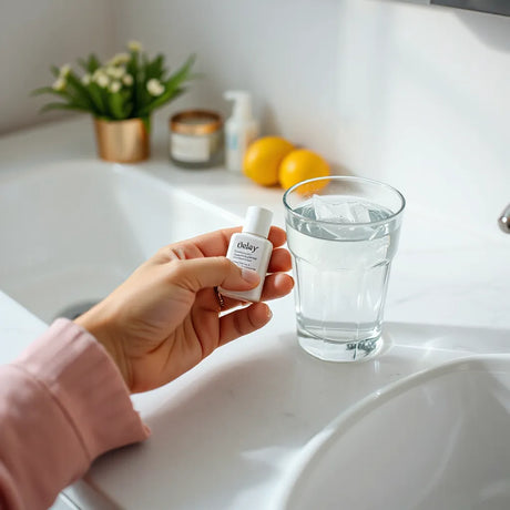 Discreet delay product held in hand next to a glass of water on a clean bathroom counter