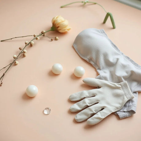 Small nipple enhancer accessories and lingerie laid neatly on a neutral background