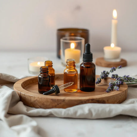 Amber essential oil bottles and a dropper on a wooden tray with warm candlelight and lavender accents